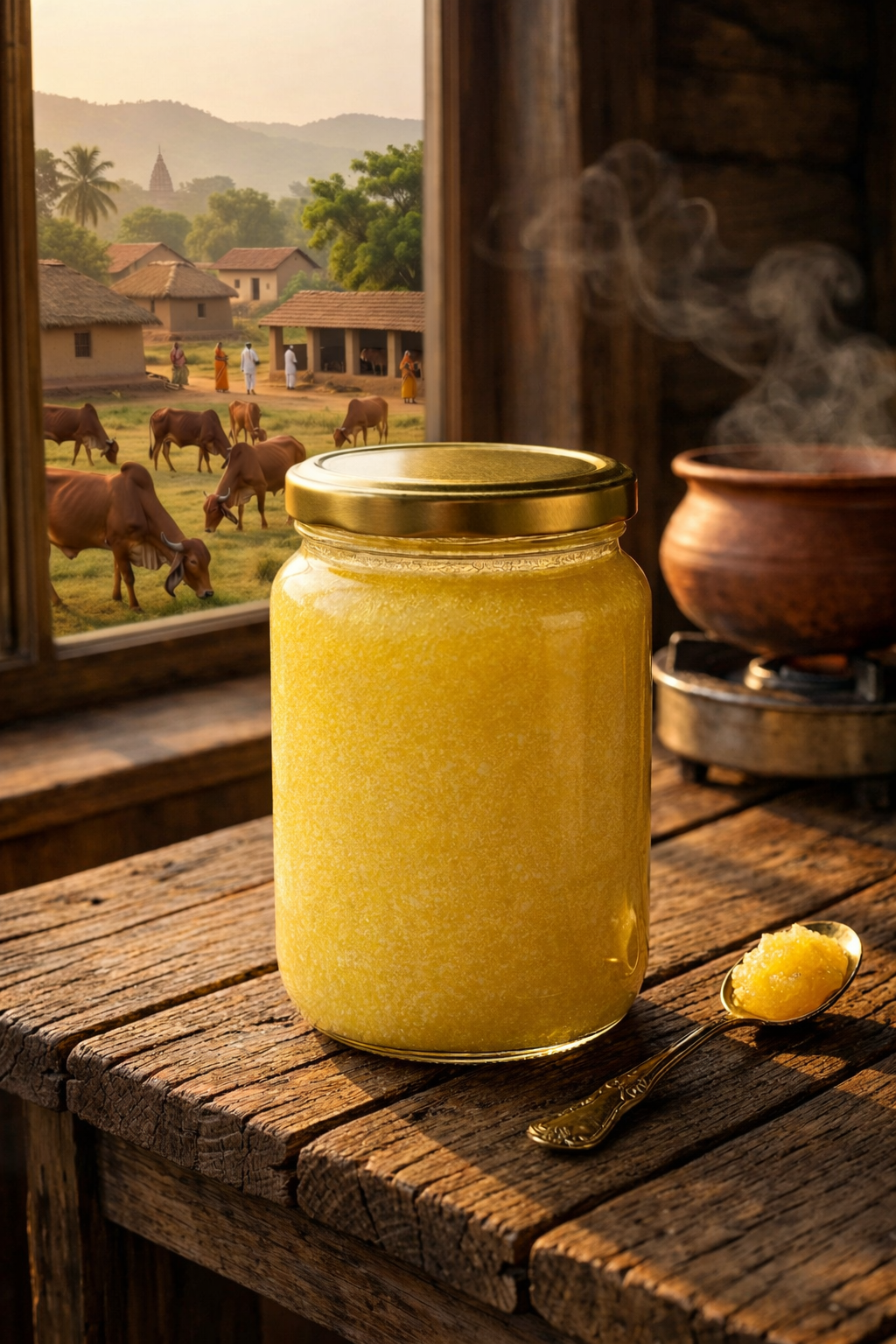 Jar of Godasya pure A2 cow ghee on a rustic table