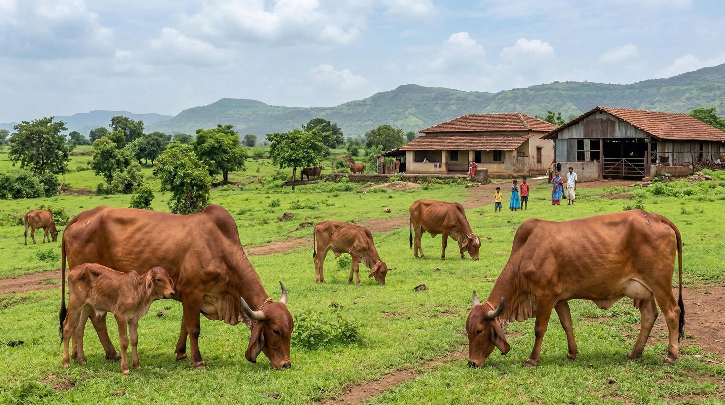 Cows grazing on a green family farm pasture